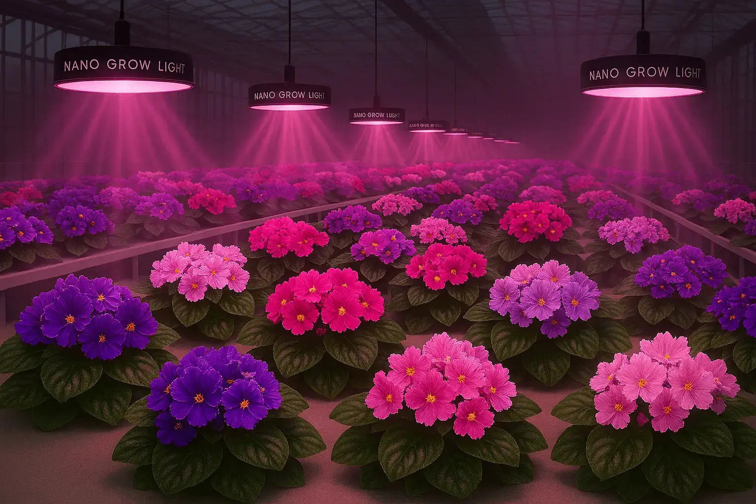 Multiple Nano Grow Light fixtures with Nano Liquid Photonic Coating lighting rows of African violets