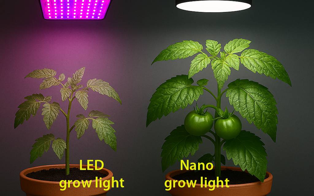 "Side-by-side comparison of tomato plants under LED and Nano Grow Lights, showing significantly larger growth and fruit development under Nano Grow Light."