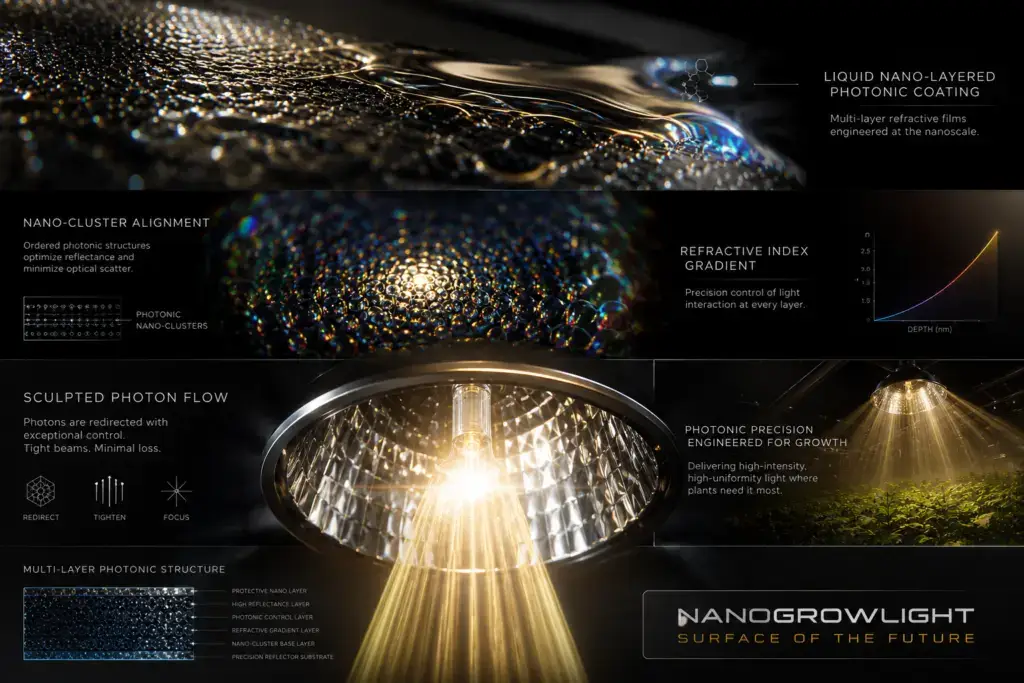 Close-up of the Nano Liquid Photonic Coating, the holy grail of grow lights, applied to a fixture reflector