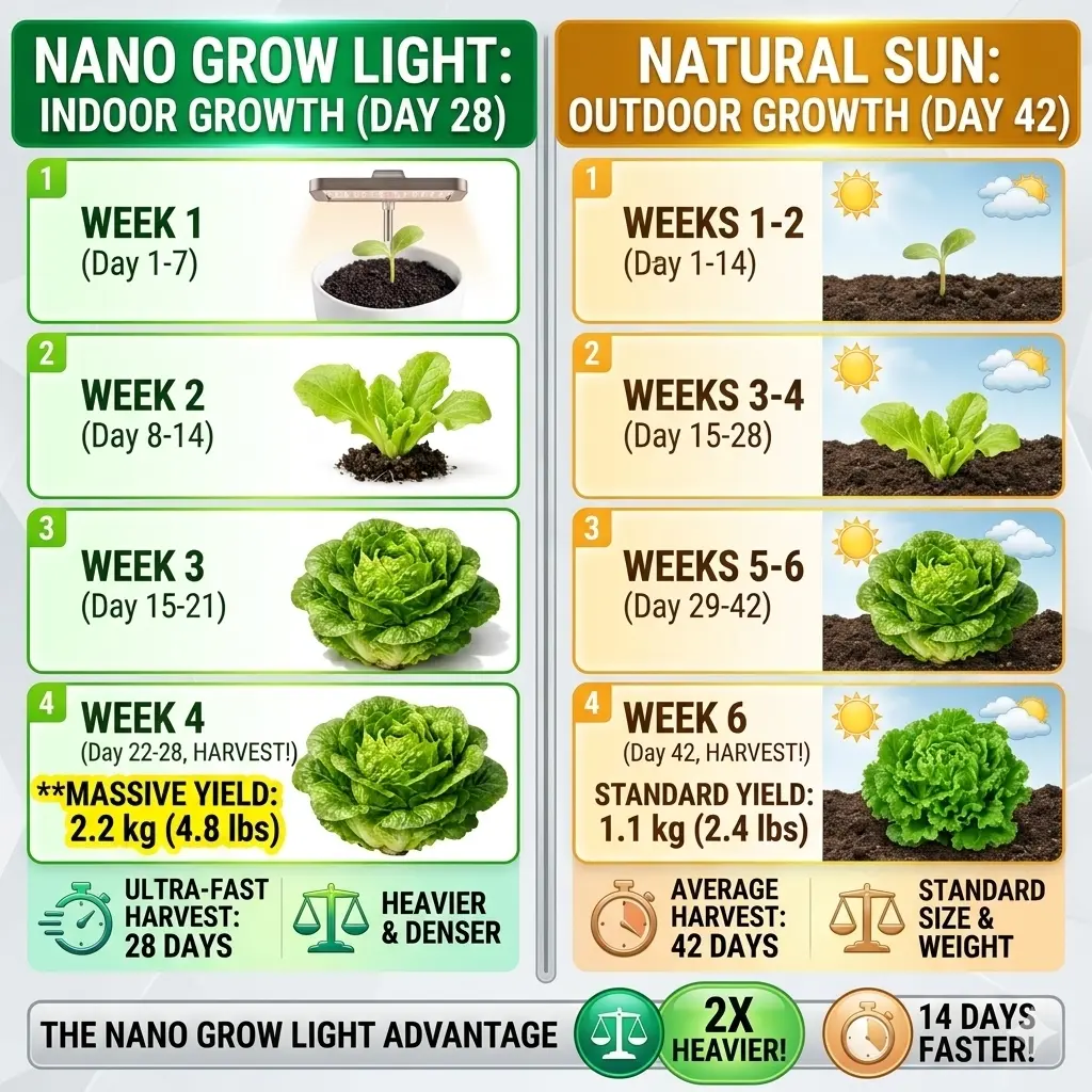 Infographic comparing lettuce grown indoors with a Nano Grow Light for 28 days versus lettuce grown outdoors in natural sunlight for 42 days, showing the indoor lettuce reaching double the weight in less time.