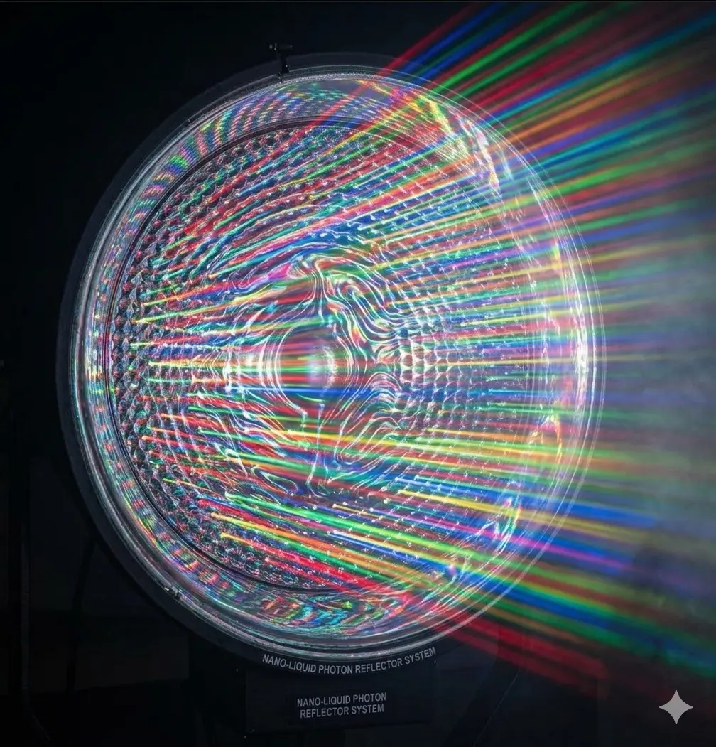 Nano Liquid Photonic Reflector System emitting enhanced full‑spectrum light with nano‑coated surface.